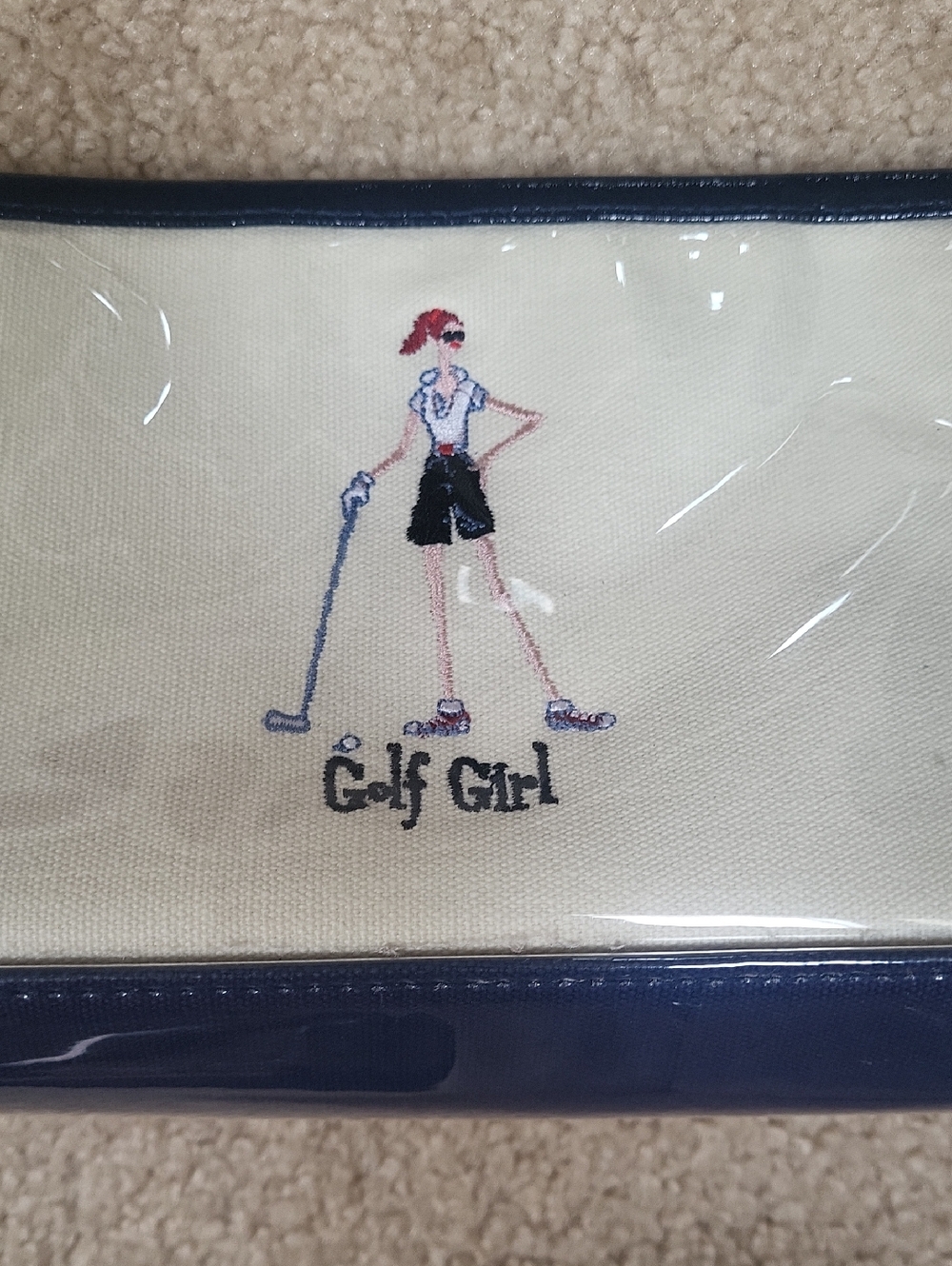 Golf Girl Navy & Cream Wristlet Pouch Canvad W Plastic Lining Wipeable Like New - Picture 2 of 9